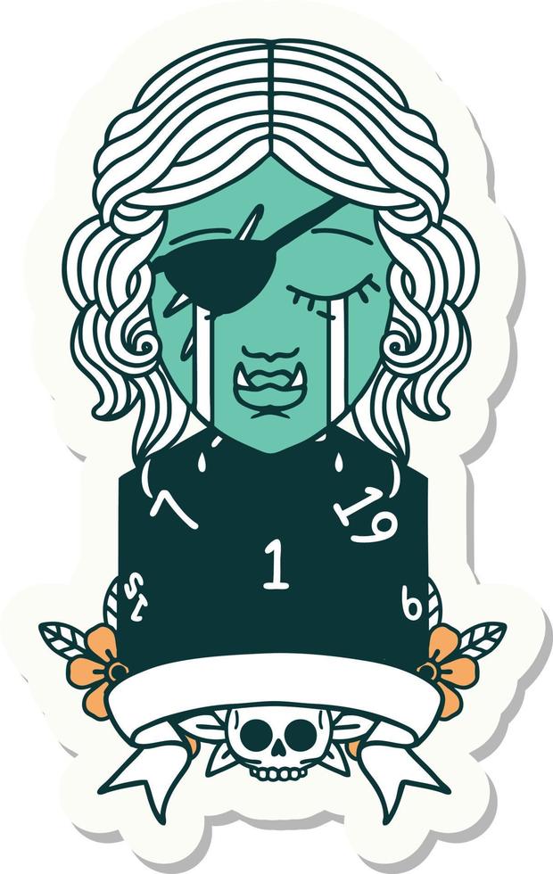 sticker of a crying orc rogue character with natural one roll vector