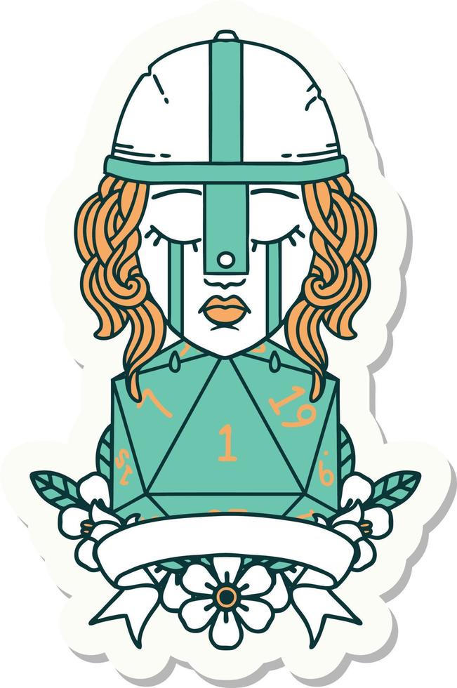 sticker of a crying human fighter with natural one D20 dice vector
