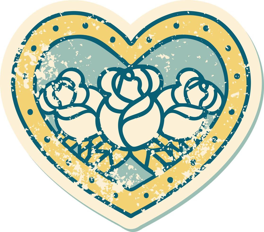 iconic distressed sticker tattoo style image of a heart and flowers vector