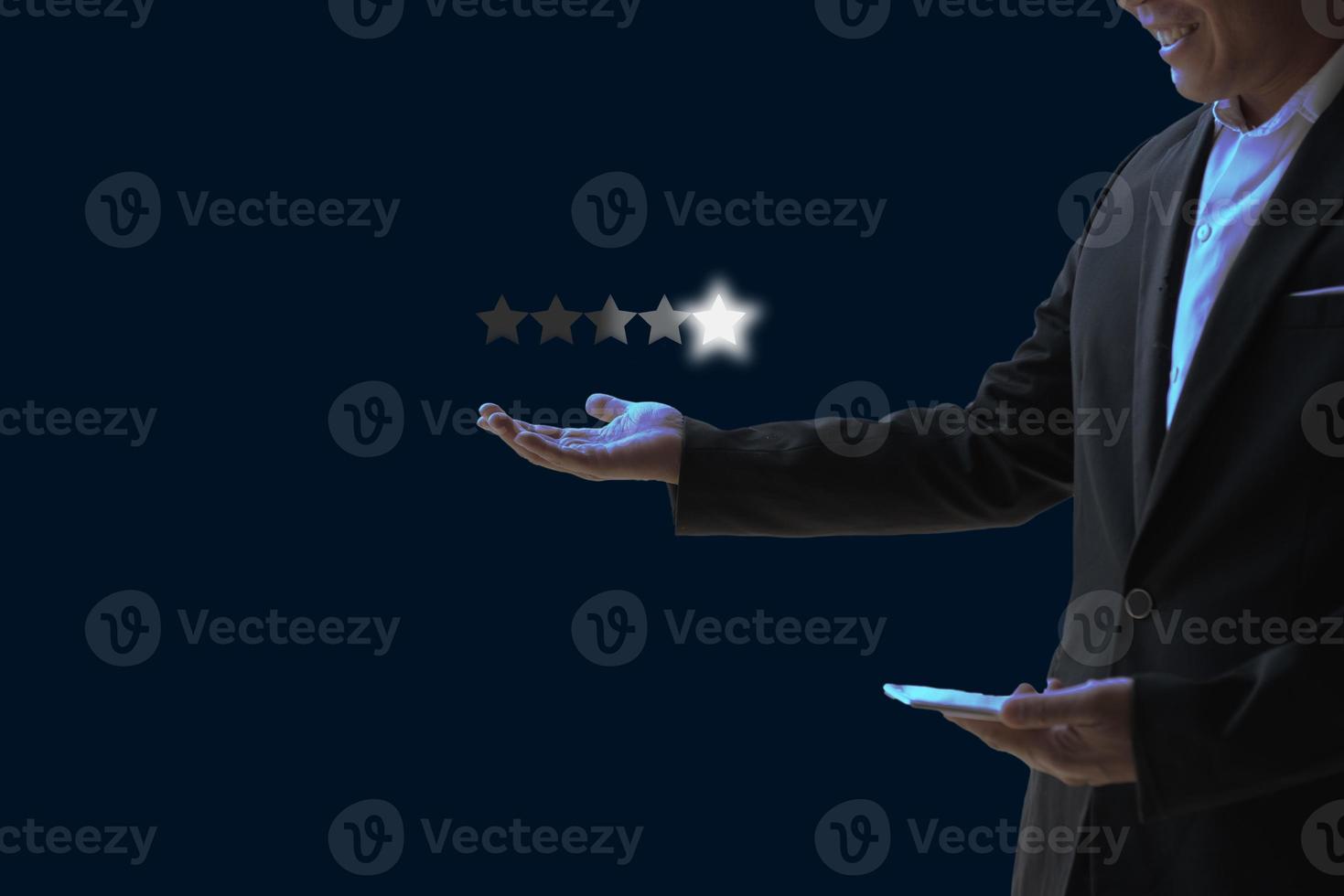 Five star rating feedback on virtual sreen.Concept of satisfaction, quality and performance photo