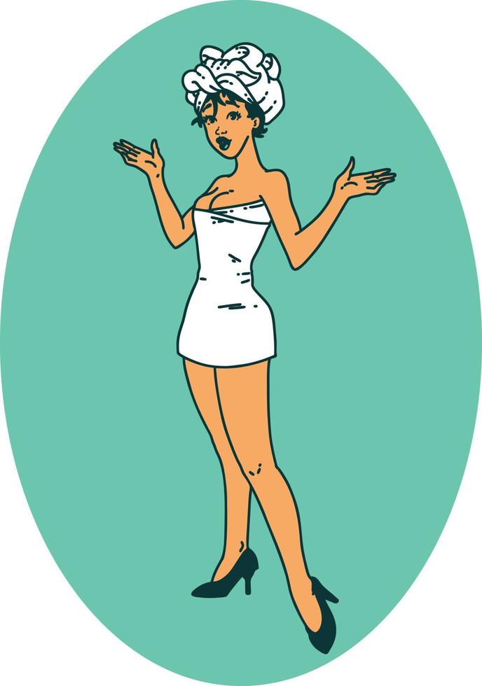 tattoo in traditional style of a pinup girl in towels vector
