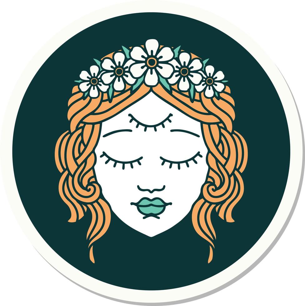 sticker of tattoo in traditional style of female face with third eye vector