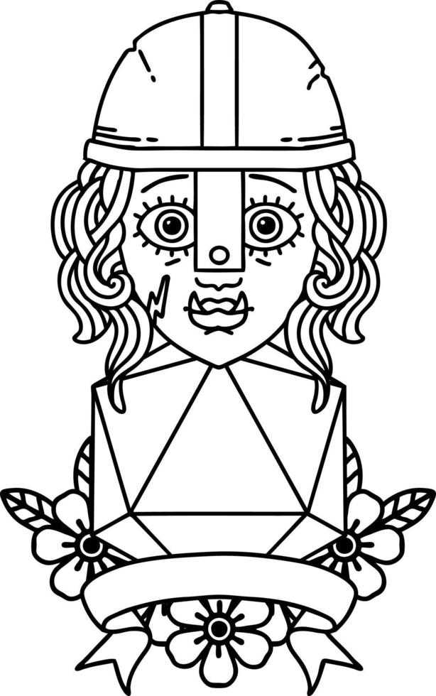 Black and White Tattoo linework Style half orc fighter with natural twenty dice roll vector