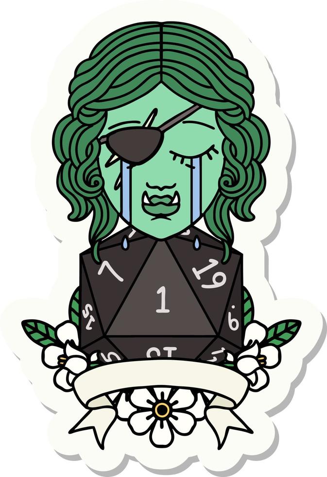 sticker of a crying orc rogue character with natural one roll vector