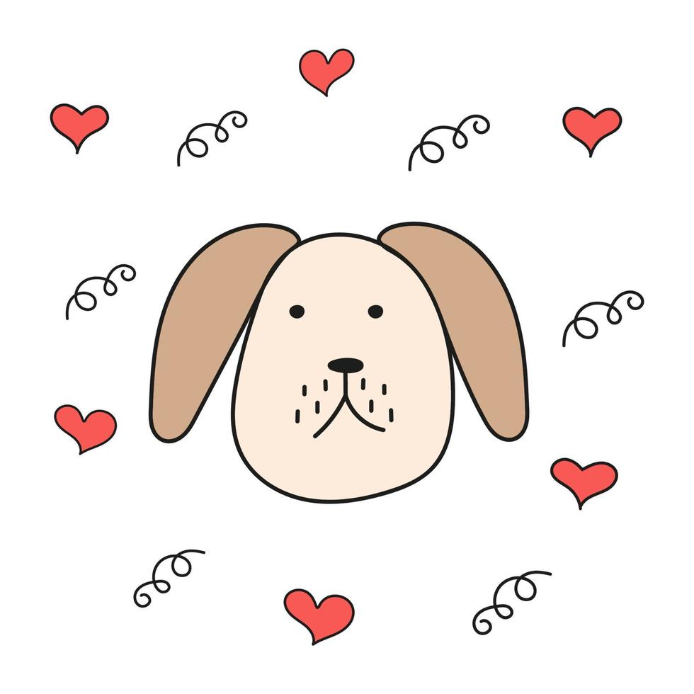 Beige dog with floppy ears and hearts. Vector isolated image on white background for web design or print