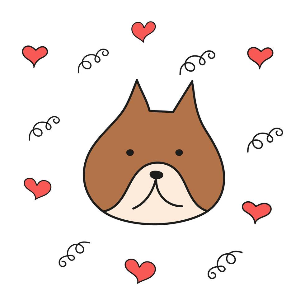 Brown dog with hearts in style of doodles on white background. Vector image for use in web design or clipart