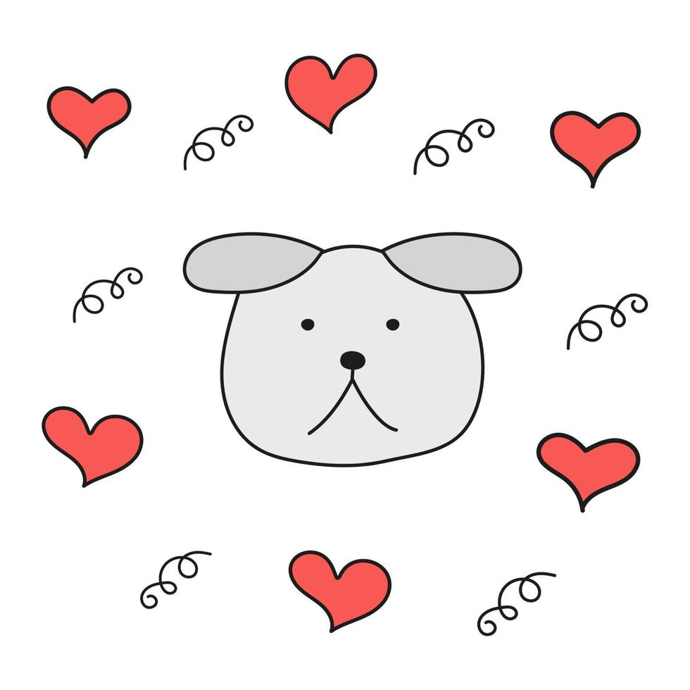 Gray dog with hearts in style of doodles. Vector isolated image for use in design of children's print or website themes