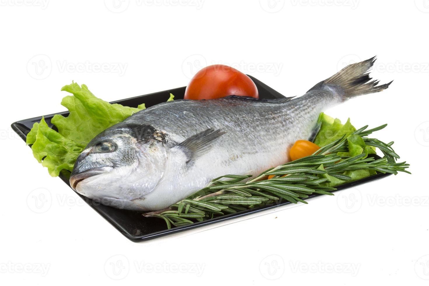 Raw dorado on the plate and white background photo