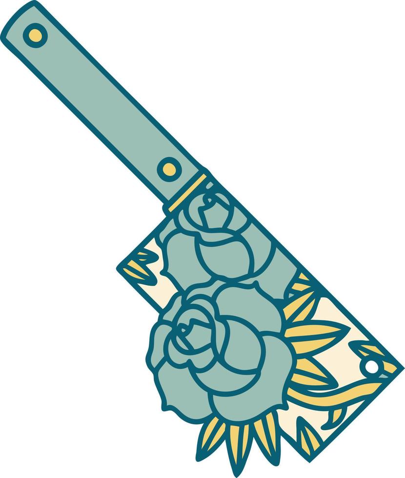 iconic tattoo style image of a cleaver and flowers vector