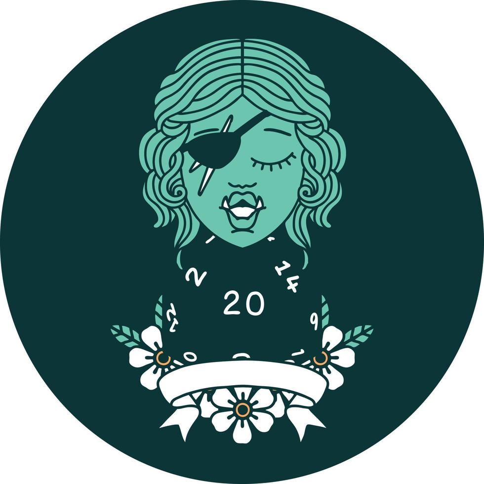icon of half orc rogue character with natural twenty dice roll vector