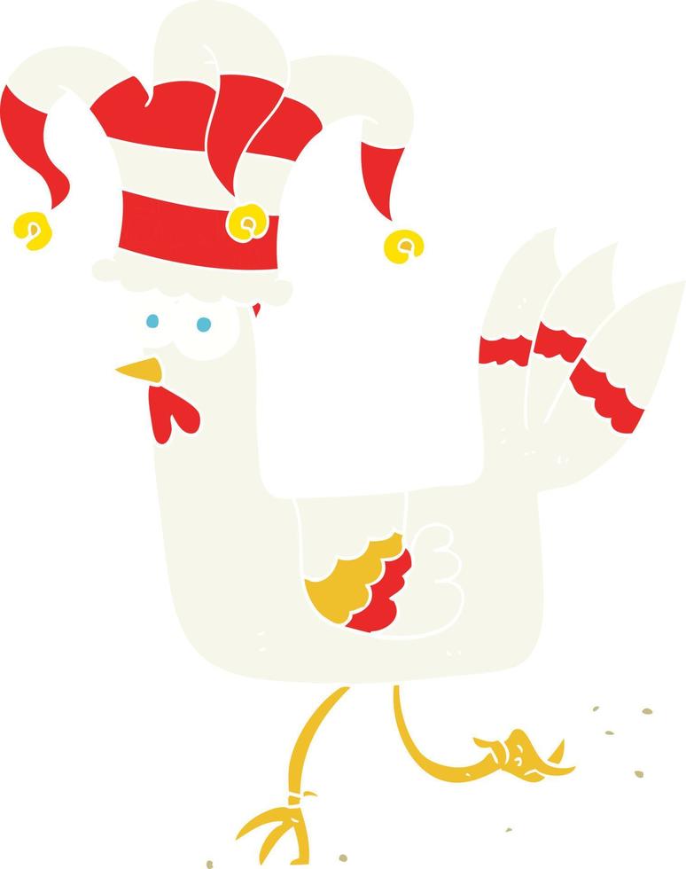 flat color illustration of chicken running in funny hat vector