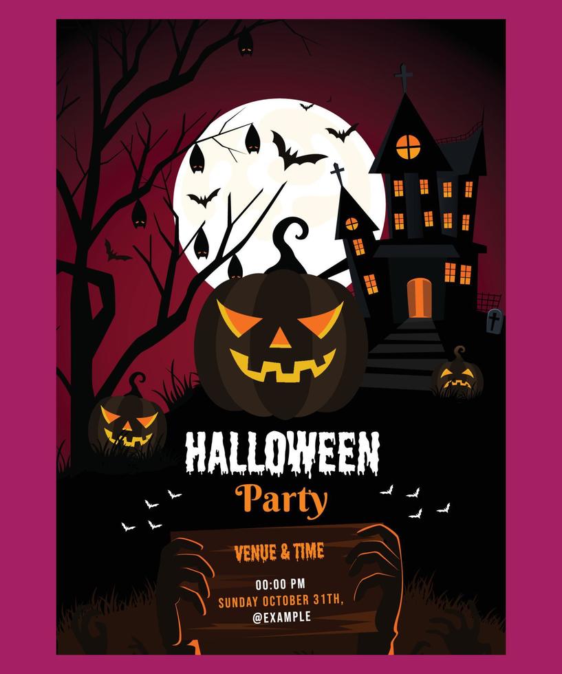 folleto de fiesta de halloween, castillo oscuro de la casa embrujada, folleto de invitación de feliz halloween vector
