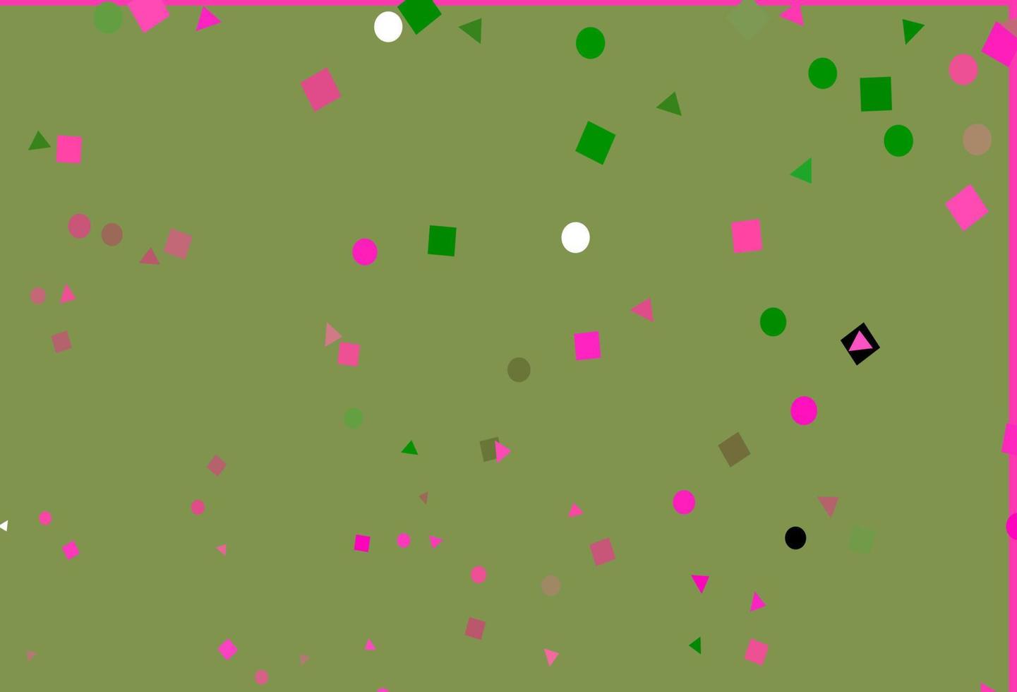 Fondo de vector verde, rosa claro con triángulos, círculos, cubos.