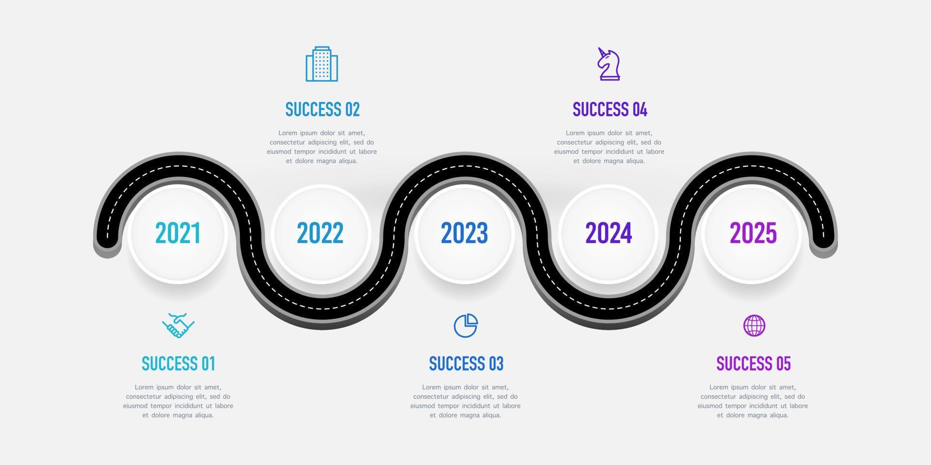 Winding road route infographic showing company timeline data over 5 years vector