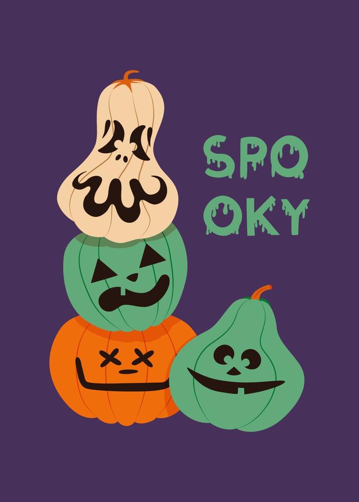 lindo diseño de tarjeta de felicitación de calabazas talladas espeluznantes de halloween sobre fondo púrpura vector