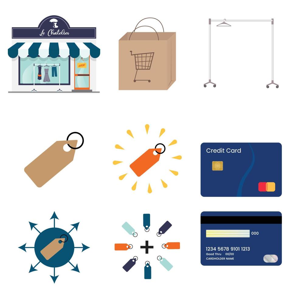 Retail shopping themed set of isolated vector graphic icons