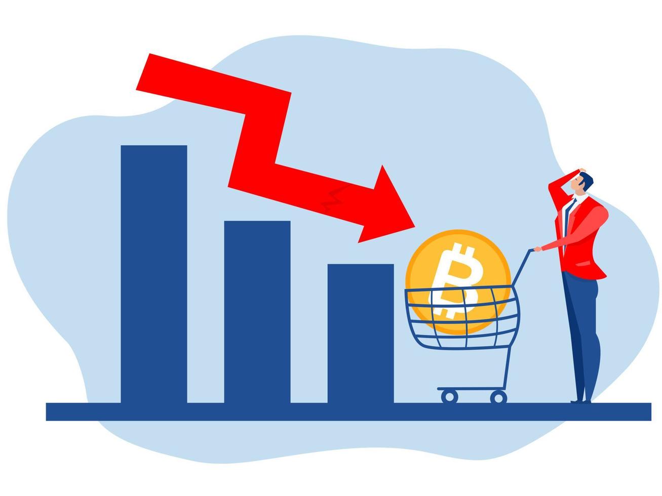 el empresario estresa el precio de bitcoin hacia abajo el diagrama de caída del precio de bitcoin del mercado de valores la caída del concepto de vector plano de la crisis económica y financiera