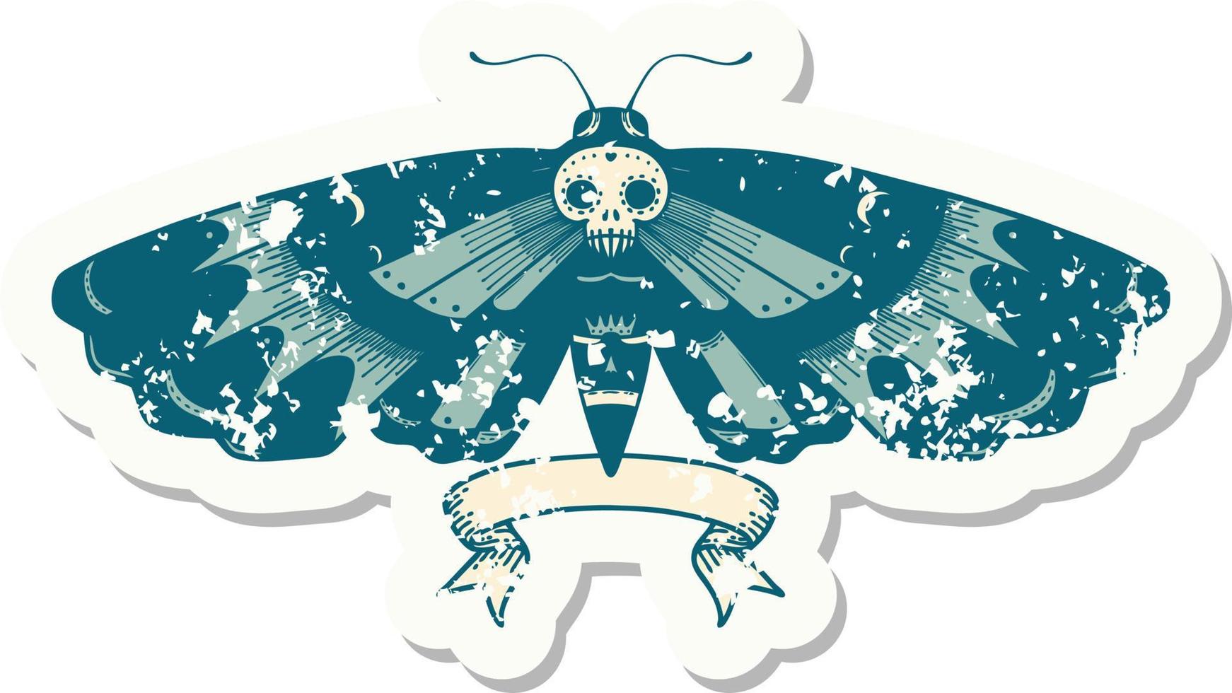 worn old sticker with banner of a deaths head moth vector