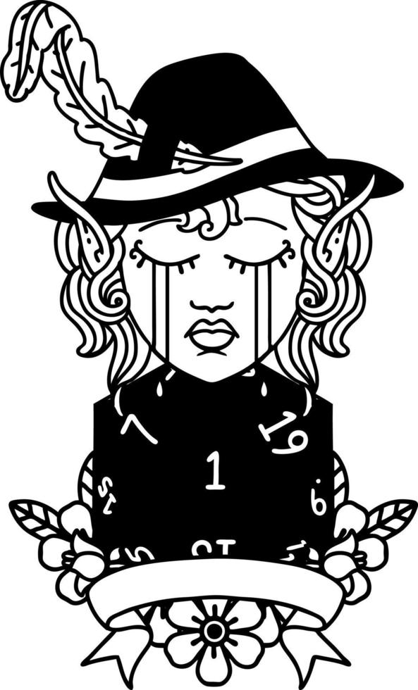 Black and White Tattoo linework Style crying elf bard character with natural one D20 roll vector