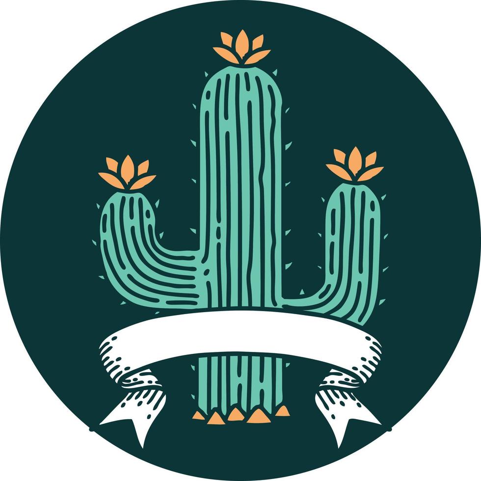 tattoo style icon with banner of a cactus vector