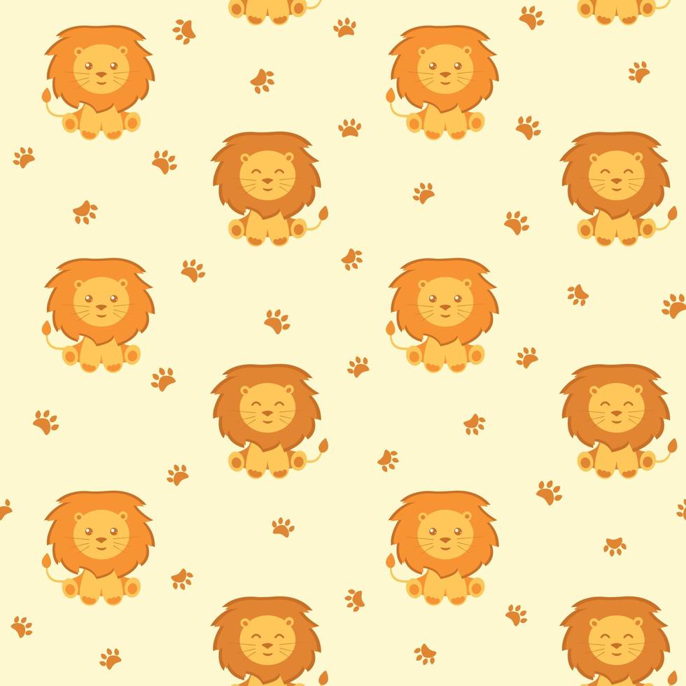 Cute Baby Lion Seamless Pattern. Children background with adorable lions and paw prints. Bright yellow characters vector