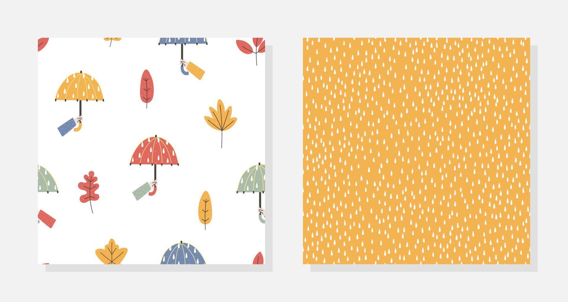 Set of two hand drawn seamless patterns with umbrellas, leaves and rain. Autumn season design for textile, wrapping paper, clothes vector