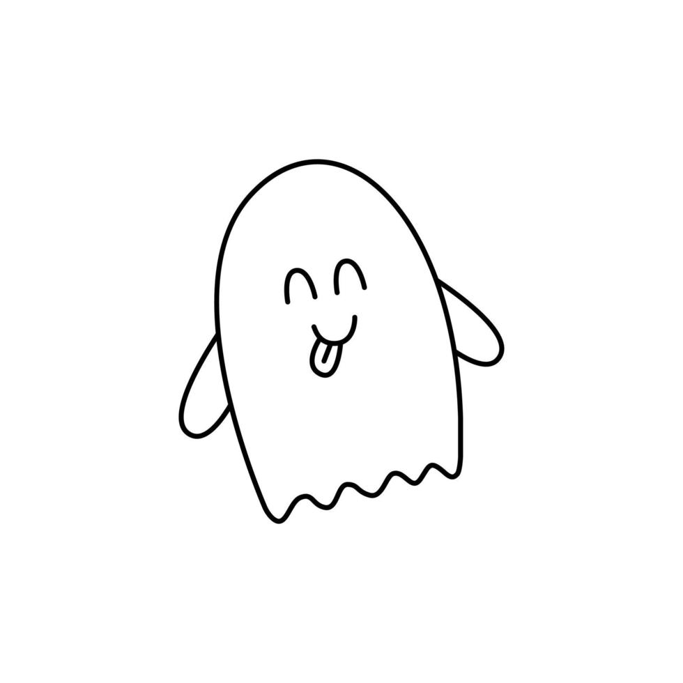 Halloween ghost cartoon character doodle. Cute ghost smiles and shows tongue. Hand drawn outline vector isolated illustration on white background.