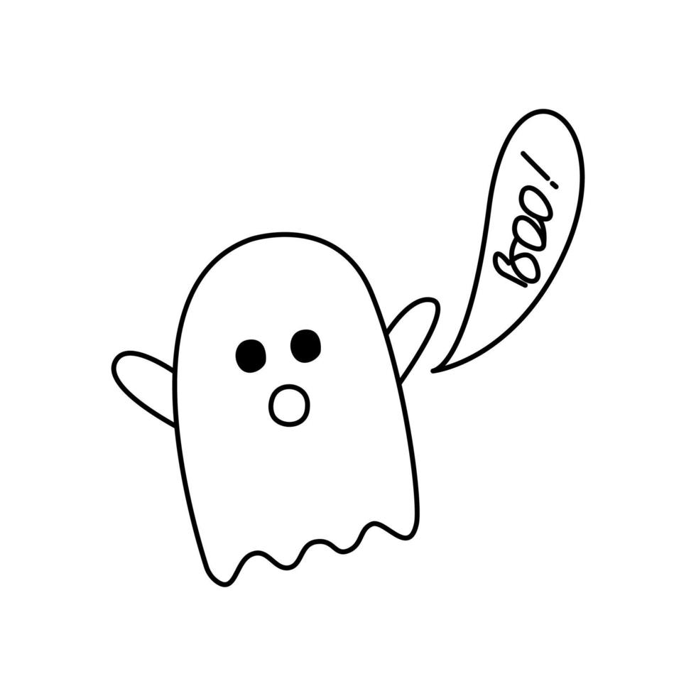 Halloween ghost cartoon character doodle. Cute ghost scares and says boo. Hand drawn outline vector isolated illustration on white background.