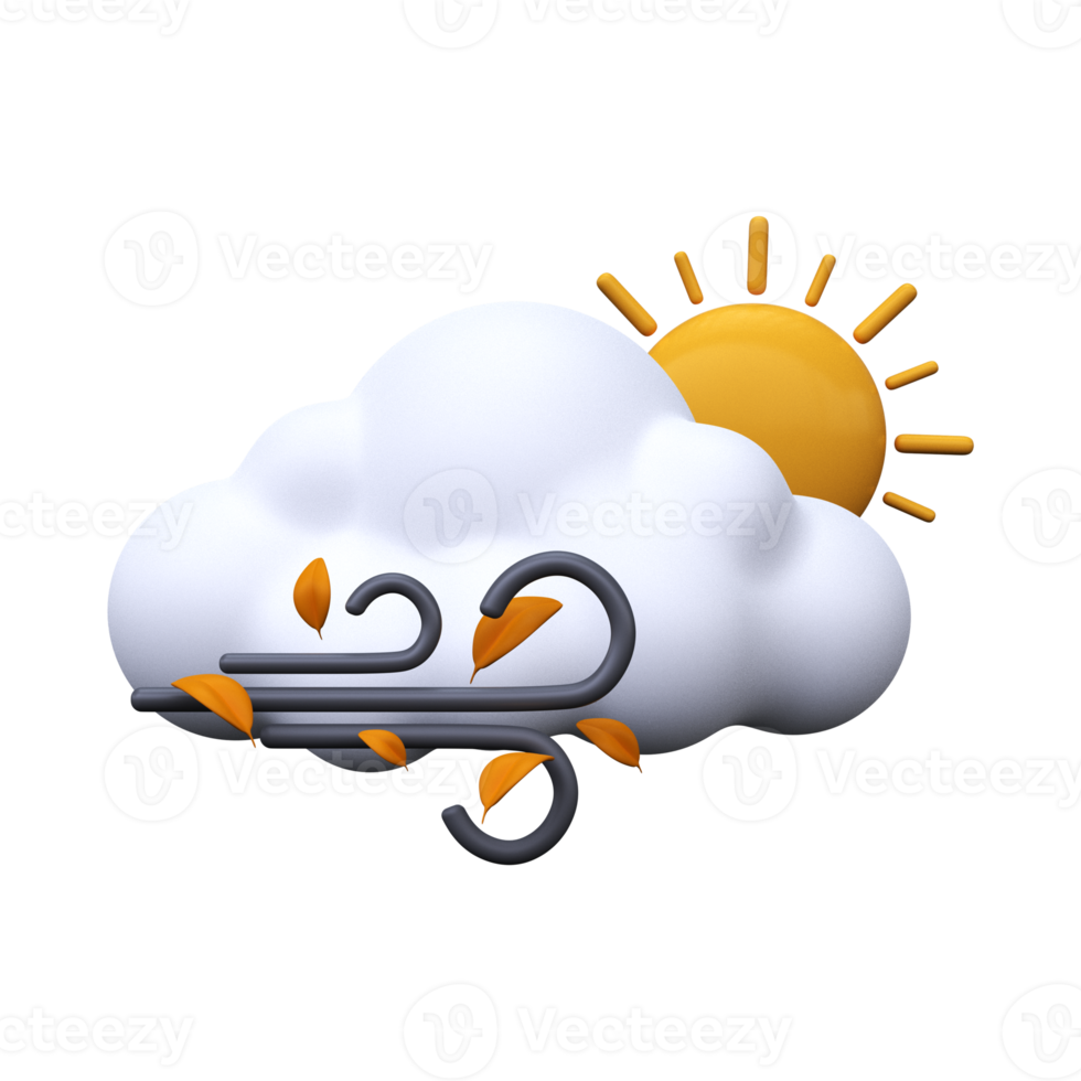 sonniger und windiger Tag. Wettervorhersage-Symbol. meteorologisches Zeichen. 3D-Rendering. png