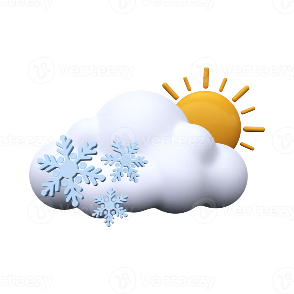 sonniger und verschneiter Tag. Wettervorhersage-Symbol. meteorologisches Zeichen. 3D-Rendering png