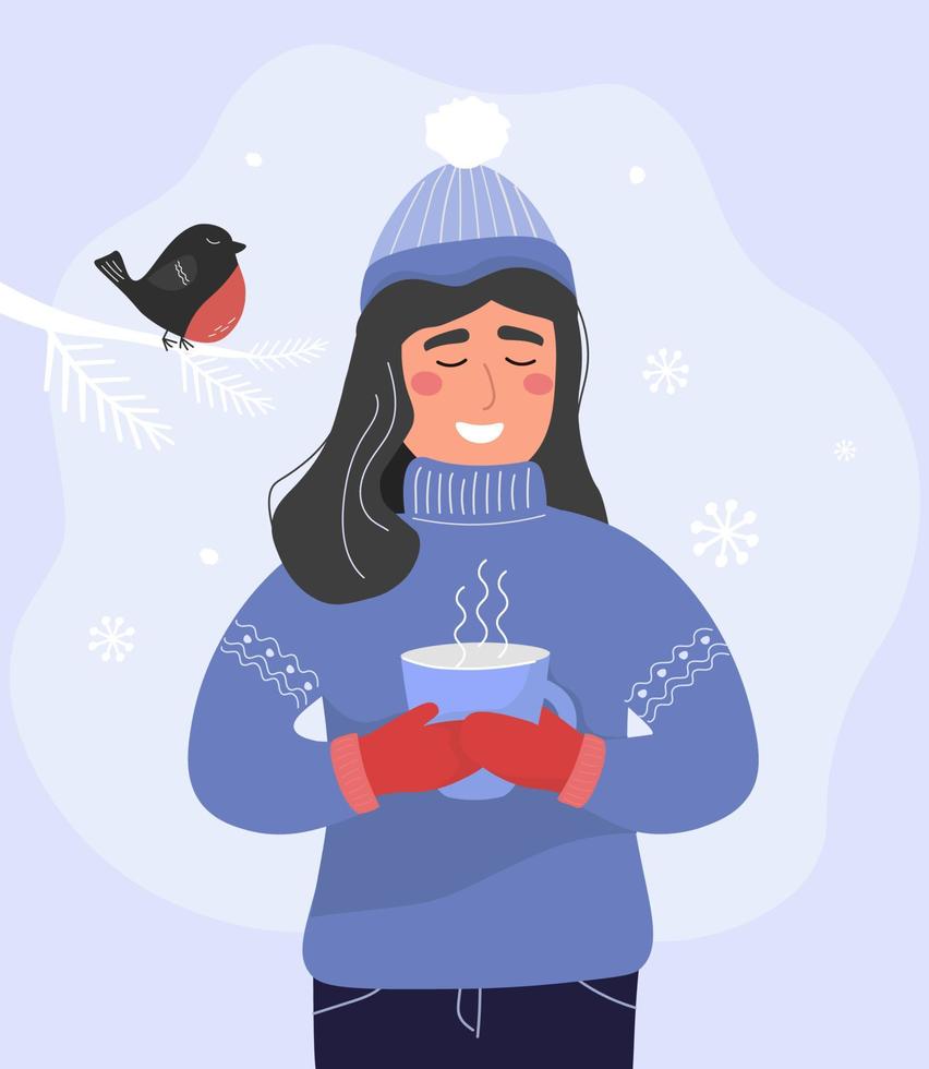 A girl in winter with a mug of hot drink in a warm sweater and mittens. Cheerful festive New Year mood. Vector graphics.