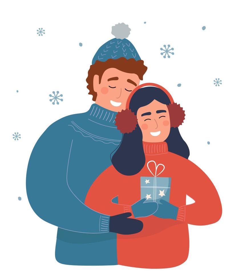 A guy gives a Christmas gift to a girl. A couple in love. New Year's shopping. Vector graphics.