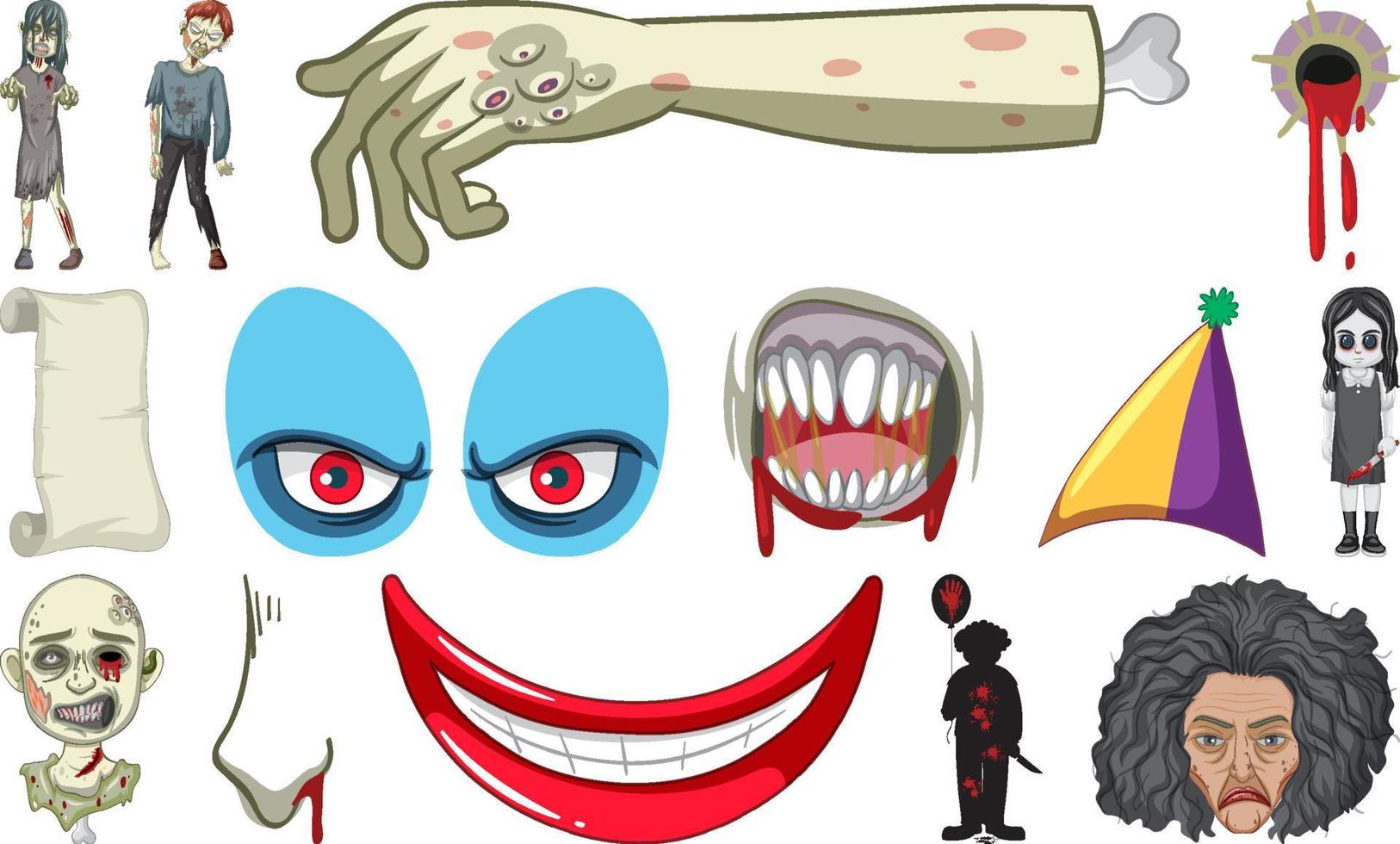 conjunto de objetos de terror de halloween y personajes de dibujos animados vector