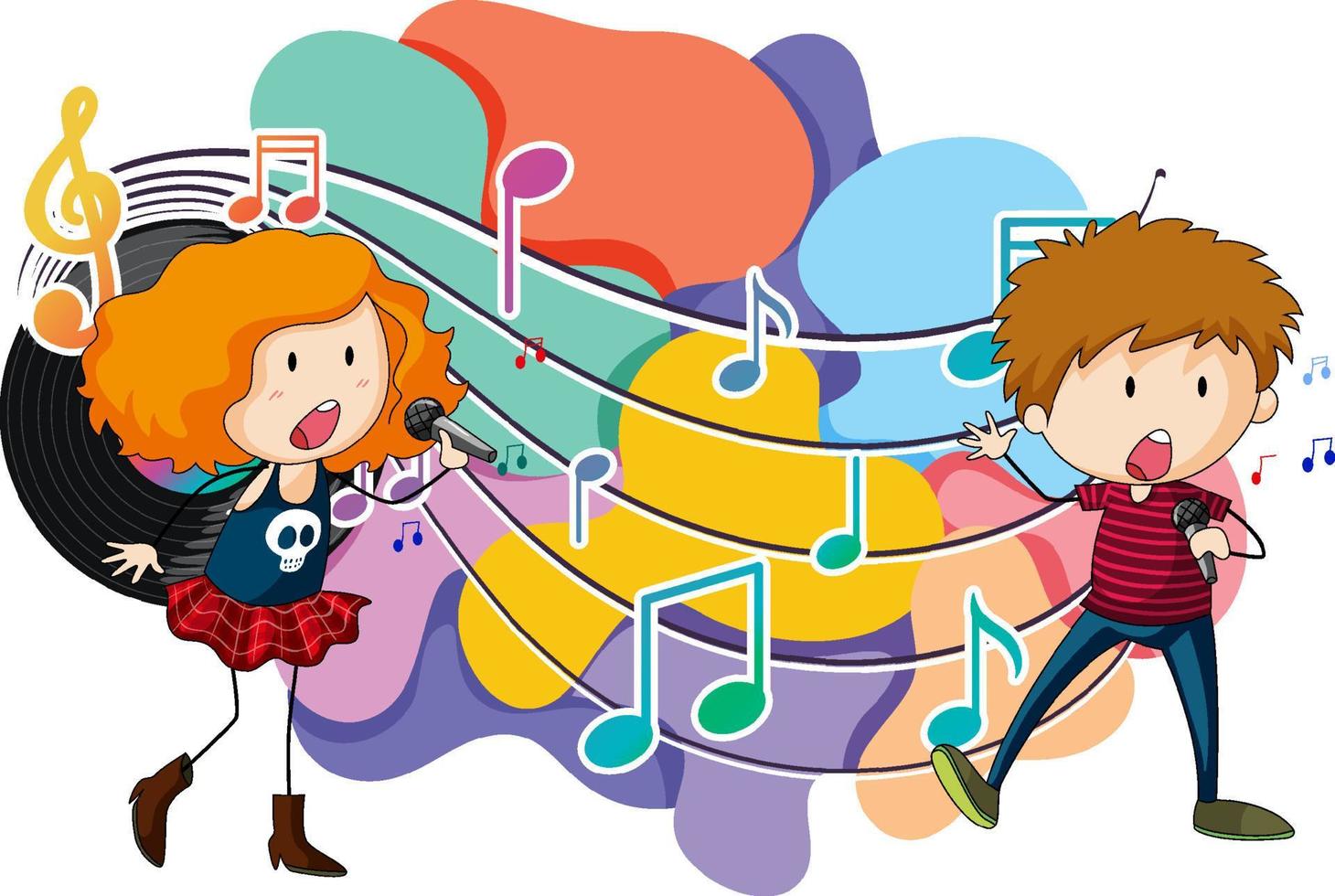 cantante, niño y niña, caricatura, con, música, melodía, símbolos vector