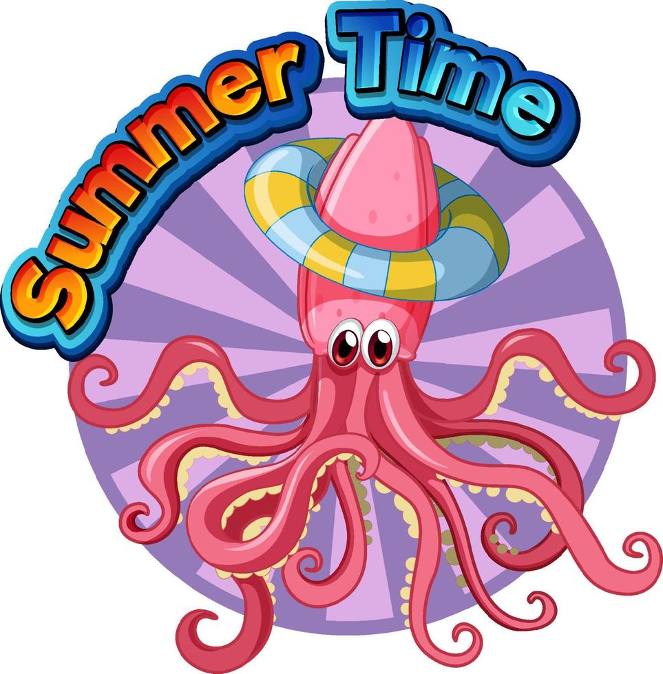 Summer time word with squid cartoon vector
