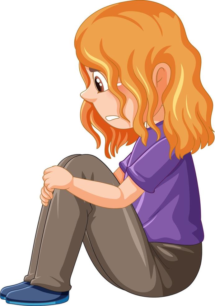 Side view of sad girl sitting carton character vector