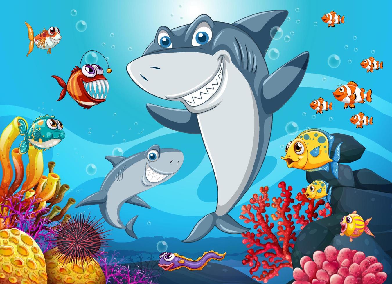 Funny shark with sea animals in the ocean vector