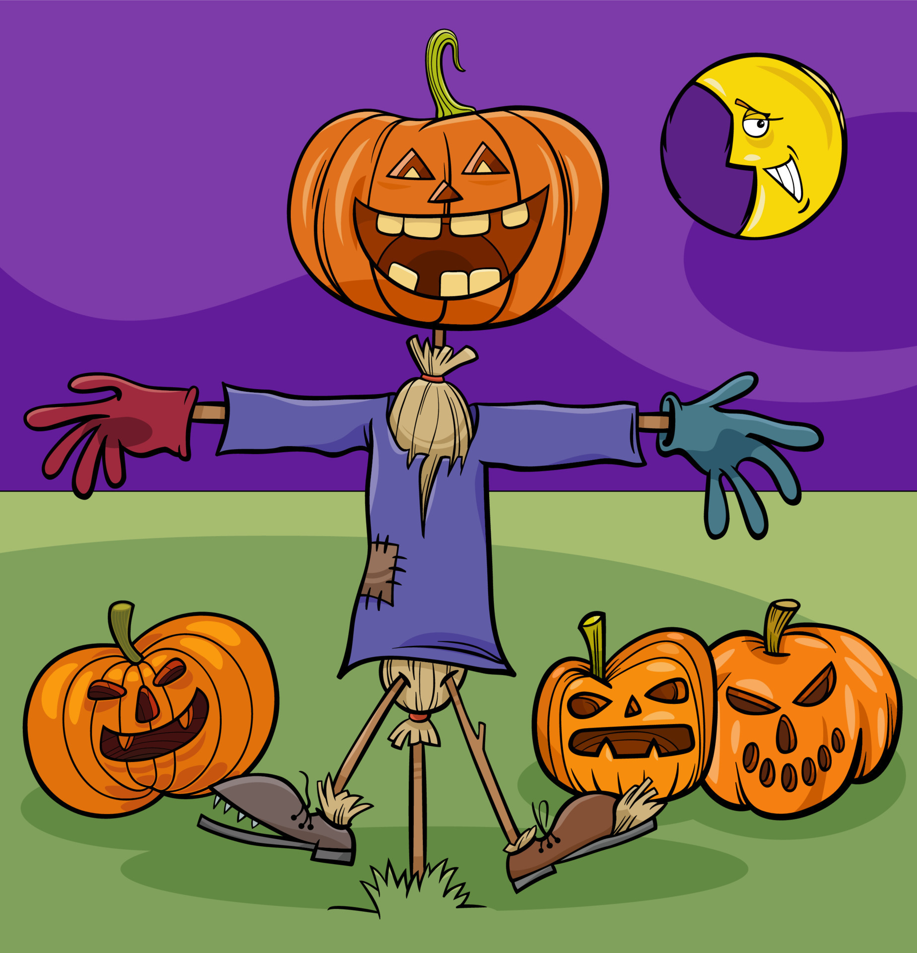 cartoon scarecrow and Halloween pumpkins 12066959 Vector Art at Vecteezy