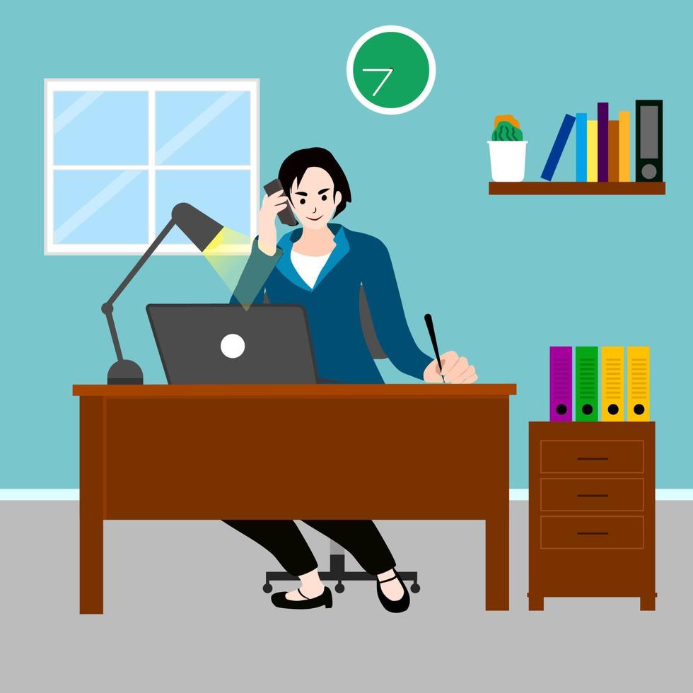 Vector illustration the woman is working when she is on the phone