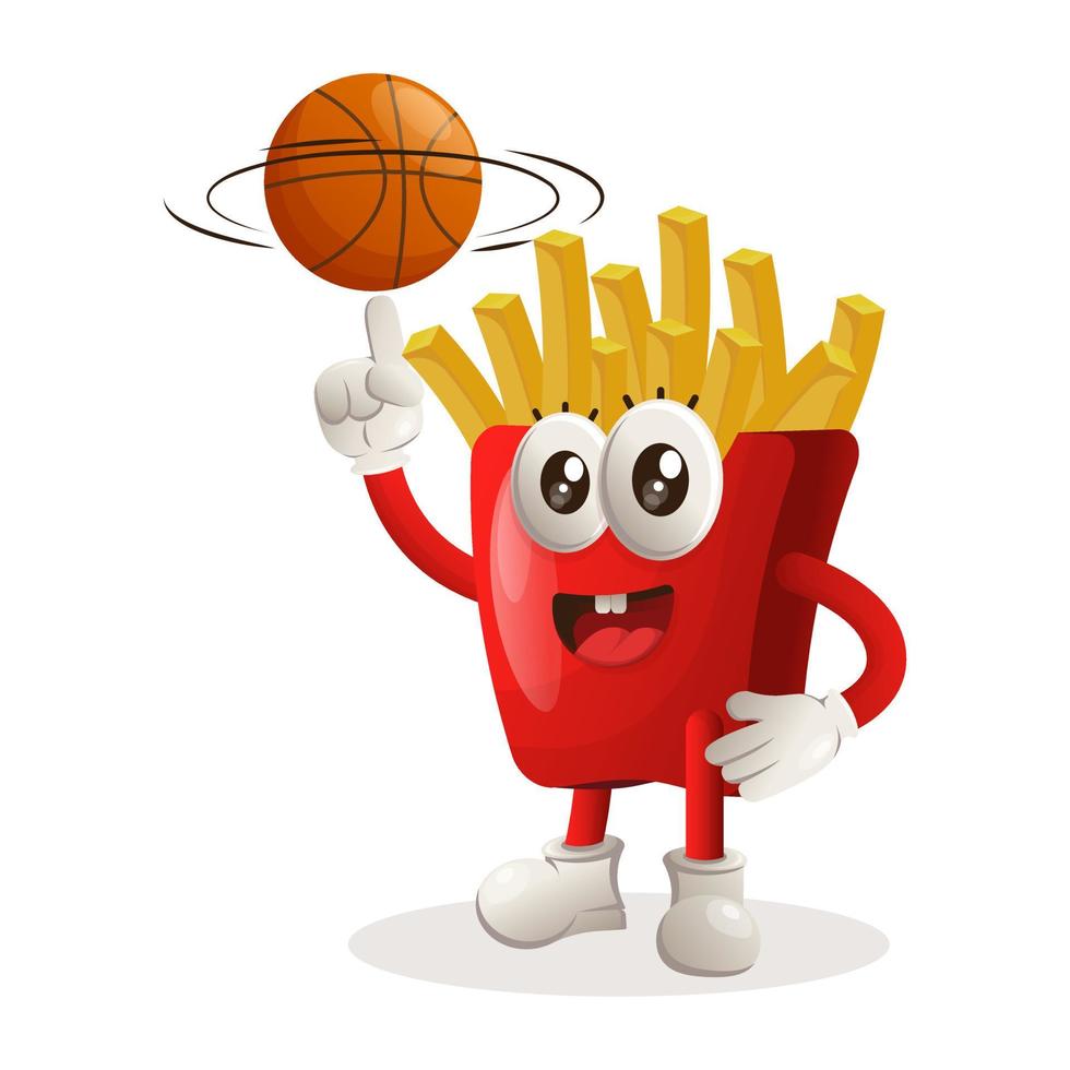 Cute french fries mascot playing basketball, freestyle with ball vector