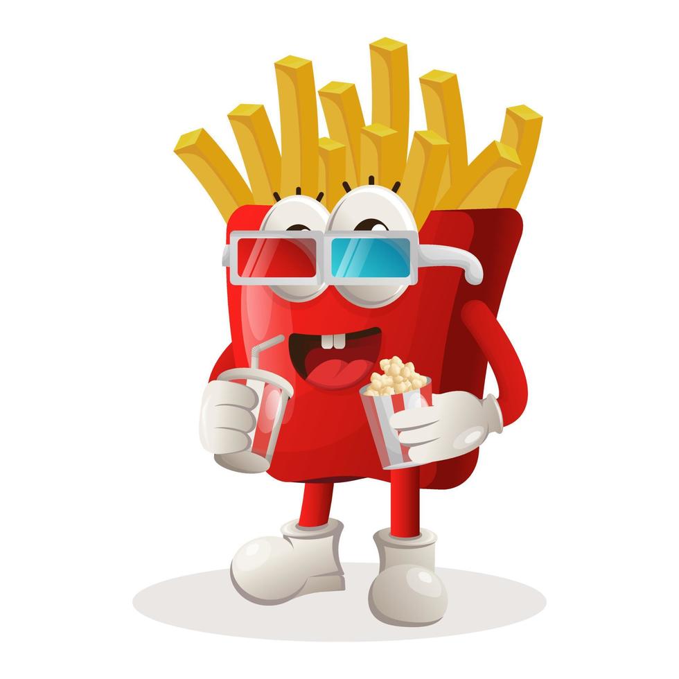Cute french fries mascot watching movie with holding soda and popcorn vector
