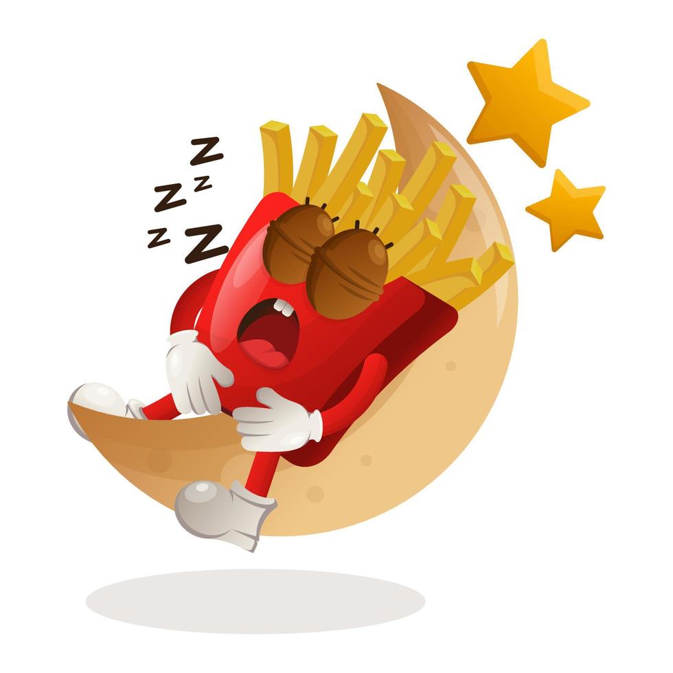 linda mascota de papas fritas durmiendo, durmiendo en la luna vector