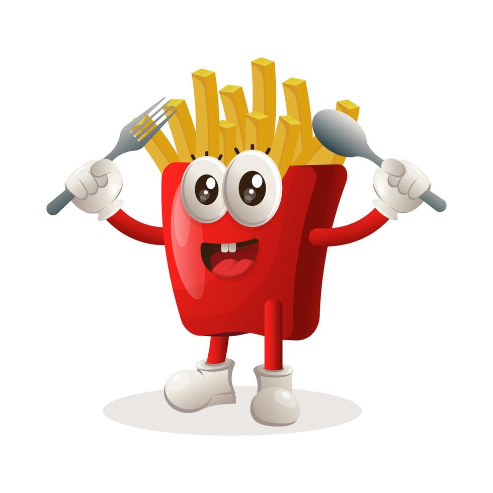 Cute french fries mascot holding spoon and fork vector