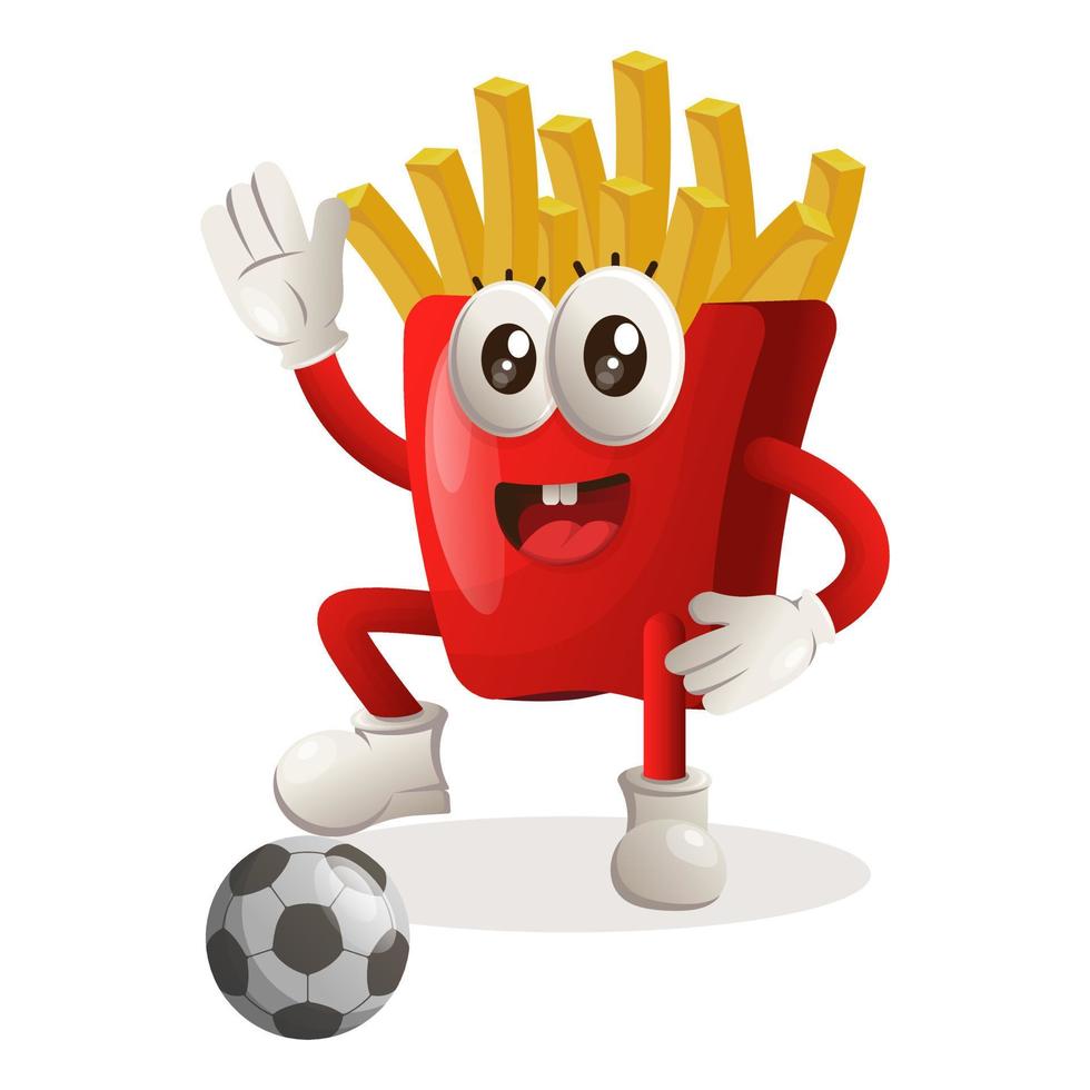 Cute french fries mascot play football, soccer ball vector