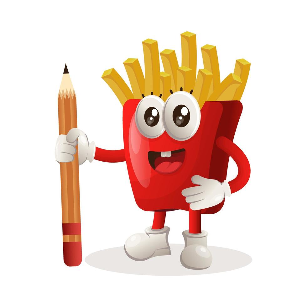 Cute french fries mascot holding pencil vector