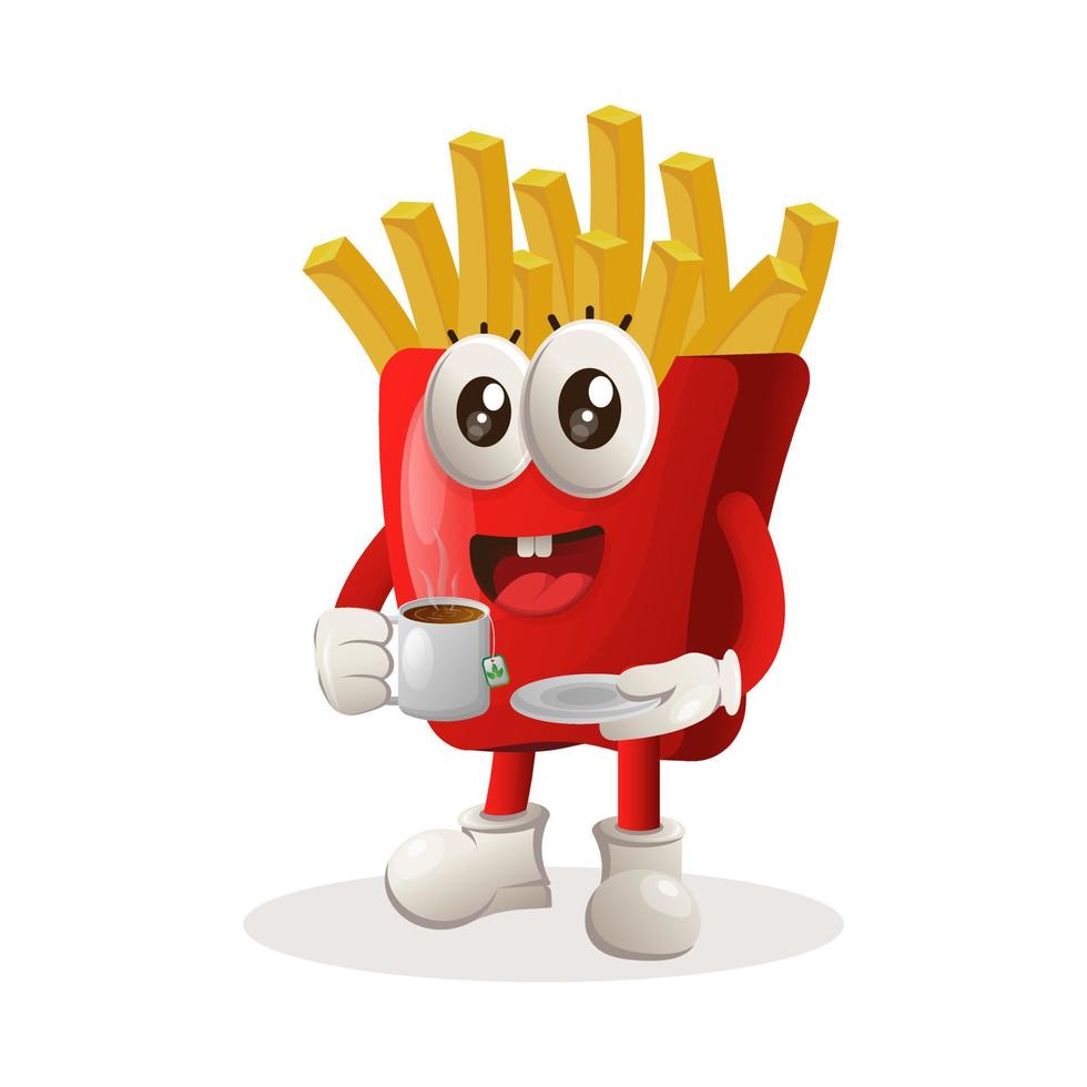 Cute french fries mascot drinking tea, tea time vector