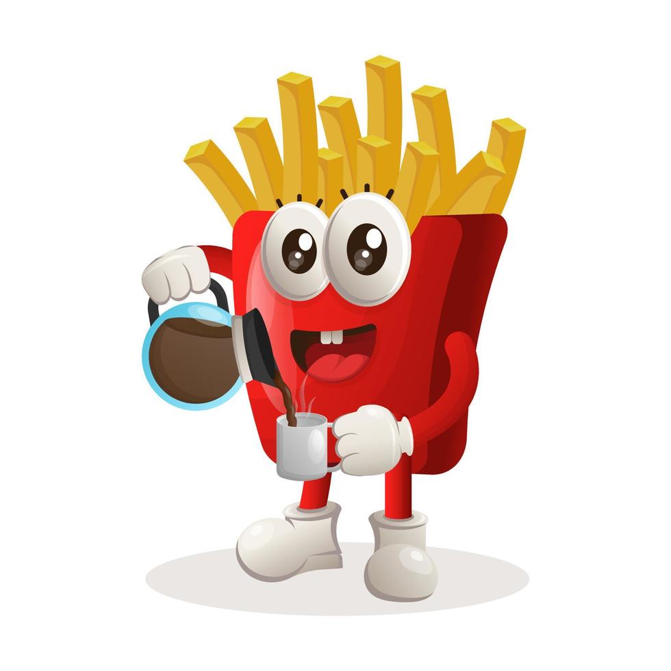 Cute french fries mascot drinking coffee, coffee time vector