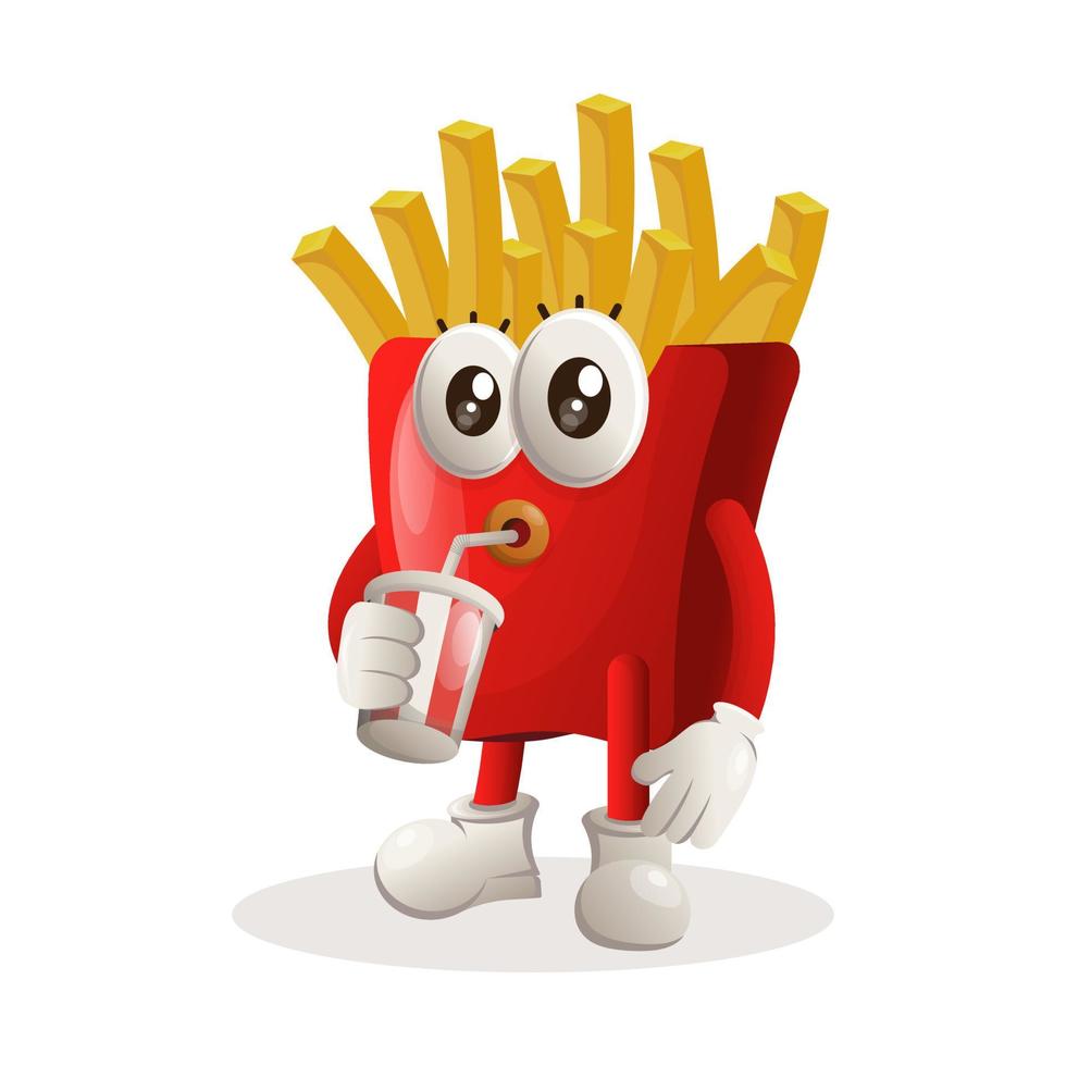 Cute french fries mascot drinking soda, cola vector