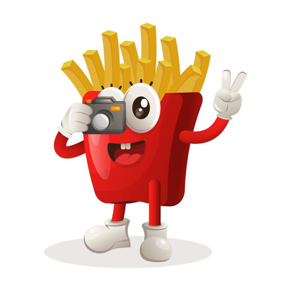 Cute french fries mascot taking photo with camera vector