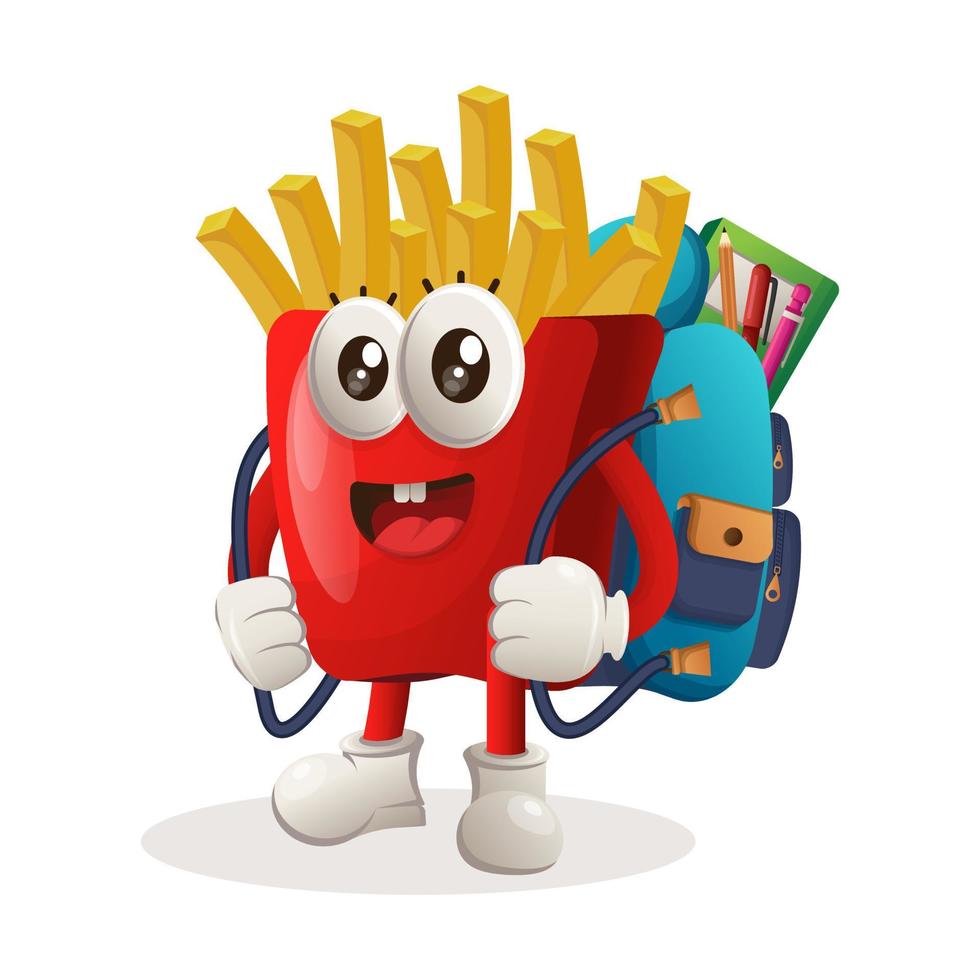 linda mascota de papas fritas que lleva una mochila escolar, mochila, regreso a la escuela vector